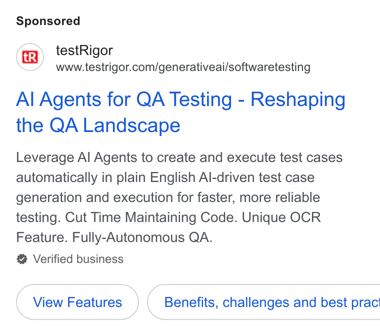 testRigor ad on Google Ads: Al Agents for QA Testing - Reshaping the QA Landscape Leverage Al Agents to create and execute test cases automatically in plain English Al-driven test case generation and execution for faster, more reliable testing. Cut Time Maintaining Code. Unique OCR Feature. Fully-Autonomous QA. Verified business Benefits, challenges and best prac’