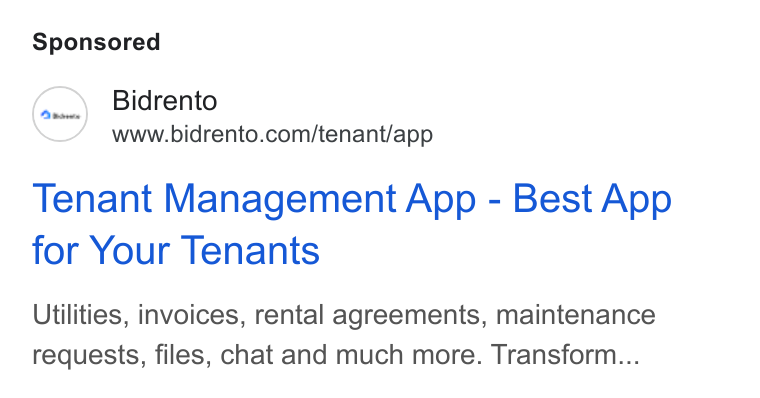 Bidrento ad on Google Ads: Tenant Management App - Best App for Your Tenants Utilities, invoices, rental agreements, maintenance requests, files, chat and much more. Transform...