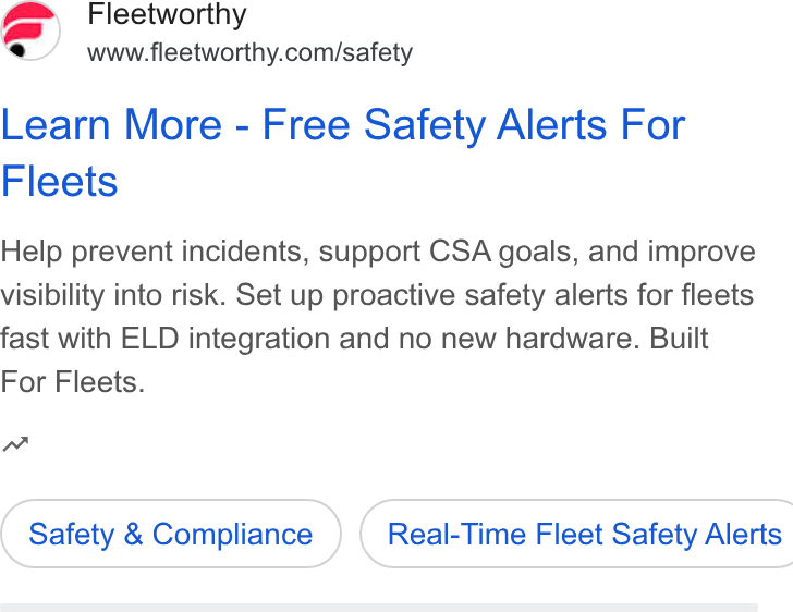 Bestpass ad on Google Ads: Learn More - Free Safety Alerts For Fleets Help prevent incidents, support CSA goals, and improve visibility into risk. Set up proactive safety alerts for fleets fast with ELD integration and no new hardware. Built For Fleets. Safety & Compliance } ( Real-Time Fleet Safety Alerts