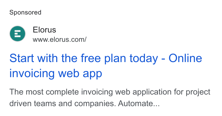 Elorus ad on Google Ads: Start with the free plan today - Online invoicing web app The most complete invoicing web application for project driven teams and companies. Automate...