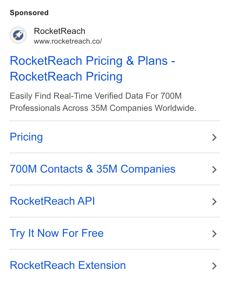 RocketReach ad on Google Ads: Rocket Reach Pricing & Plans - Rocket Reach Pricing Easily Find Real-Time Verified Data For 700M Professionals Across 35M Companies Worldwide. Pricing 700M Contacts & 35M Companies Rocket Reach API Try It Now For Free Rocket Reach Extension