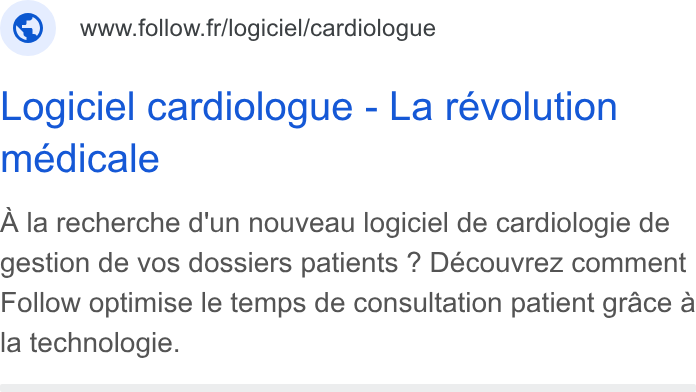 Follow Health ad on Google Ads: Logiciel cardiologue - La revolution médicale A la recherche d'un nouveau logiciel de cardiologie de gestion de vos dossiers patients ? Découvrez comment Follow optimise le temps de consultation patient grace a la technologie.