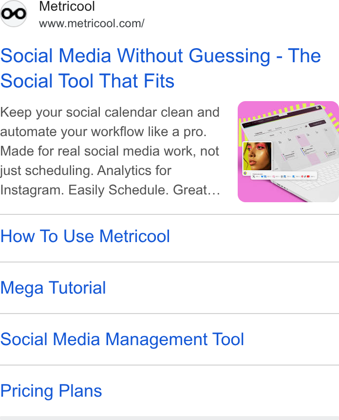 Metricool ad on Google Ads: Social Media Without Guessing - The Social Tool That Fits Keep your social calendar clean and automate your workflow like a pro. Made for real social media work, not just scheduling. Analytics for Instagram. Easily Schedule. Great... How To Use Metricool Mega Tutorial Social Media Management Tool Pricing Plans