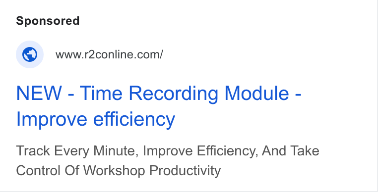 r2c Online ad on Google Ads: NEW - Time Recording Module - Improve efficiency Track Every Minute, Improve Efficiency, And Take Control Of Workshop Productivity