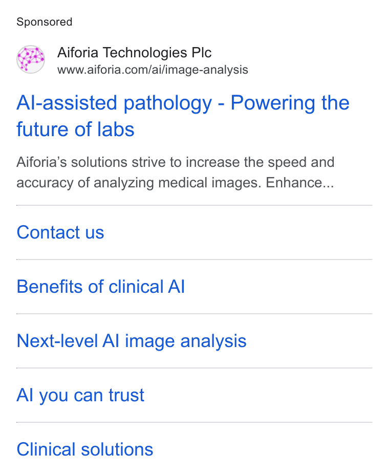 Aiforia ad on Google Ads: Al-assisted pathology - Powering the future of labs Aiforia’s solutions strive to increase the speed and accuracy of analyzing medical images. Enhance... Contact us Benefits of clinical Al Next-level Al image analysis Al you can trust Clinical solutions