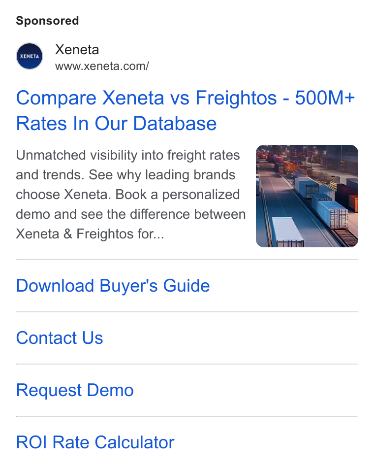 Xeneta ad on Google Ads: Compare Xeneta vs Freightos - 500M+ Rates In Our Database Unmatched visibility into freight rates and trends. See why leading brands choose Xeneta. Book a personalized demo and see the difference between Xeneta & Freightos for... Download Buyer's Guide Contact Us Request Demo ROI Rate Calculator