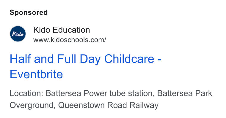 YouCanBookMe ad on Google Ads: Half and Full Day Childcare - Eventbrite Location: Battersea Power tube station, Battersea Park Overground, Queenstown Road Railway