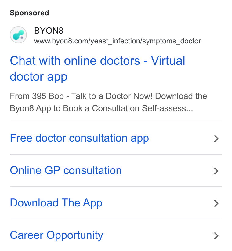 BYON8 ad on Google Ads: Chat with online doctors - Virtual doctor app From 395 Bob - Talk to a Doctor Now! Download the Byon8 App to Book a Consultation Self-assess... Free doctor consultation app Online GP consultation Download The App Career Opportunity