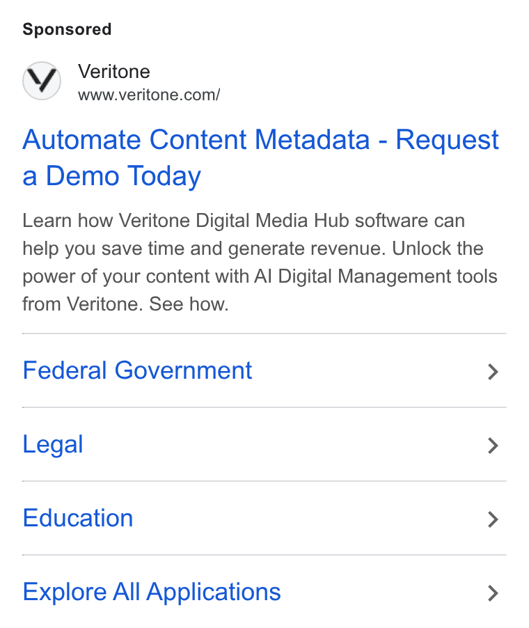 Veritone ad on Google Ads: Automate Content Metadata - Request a Demo Today Learn how Veritone Digital Media Hub software can help you save time and generate revenue. Unlock the power of your content with Al Digital Management tools from Veritone. See how. Federal Government > Legal > Education > Explore All Applications >
