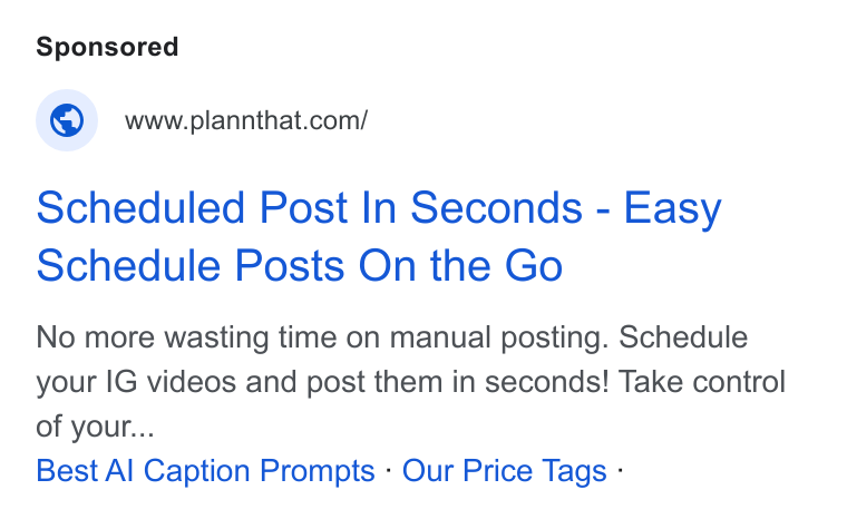 Plann ad on Google Ads: Scheduled Post In Seconds - Easy Schedule Posts On the Go No more wasting time on manual posting. Schedule your IG videos and post them in seconds! Take control of your... Best Al Caption Prompts - Our Price Tags -