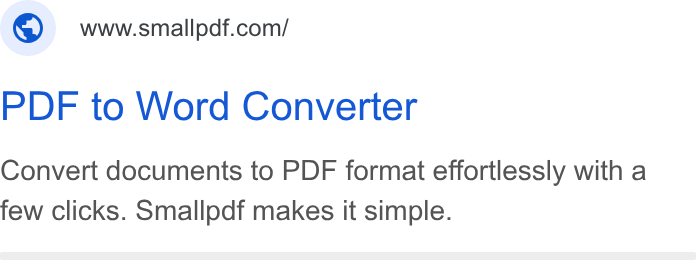 Smallpdf ad on Google Ads: PDF to Word Converter Convert documents to PDF format effortlessly with a few clicks. Smallpdf makes it simple.