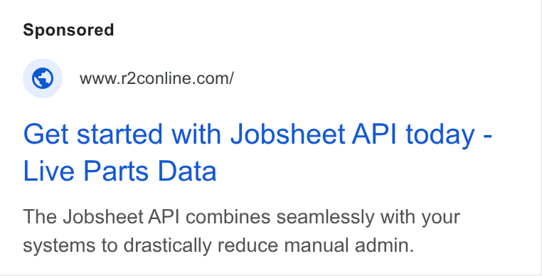 r2c Online ad on Google Ads: Get started with Jobsheet API today - Live Parts Data The Jobsheet API combines seamlessly with your systems to drastically reduce manual admin.