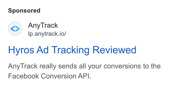 AnyTrack.io ad on Google Ads: Any Track Ip.anytrack.io/ Hyros Ad Tracking Reviewed Any Track really sends all your conversions to the Facebook Conversion API.