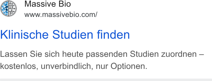 Massive Bio ad on Google Ads: Klinische Studien finden Lassen Sie sich heute passenden Studien Zuordnen — kostenlos, unverbindlich, nur Optionen.