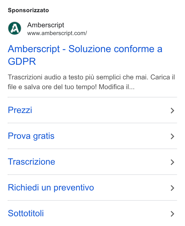 Amberscript ad on Google Ads: Sponsorizzato Amberscript - Soluzione conforme a GDPR Trascrizioni audio a testo pi semplici che mai. Carica il file e salva ore del tuo tempo! Modifica il... Prezzi > Prova gratis > Trascrizione > Richiedi un preventivo > Sottotitoli >