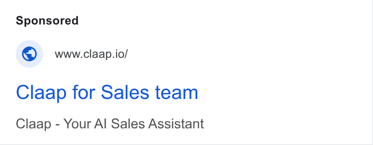 Claap ad on Google Ads: www.claap.io/ Claap for Sales team Claap - Your Al Sales Assistant