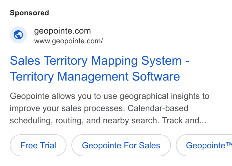Geopointe ad on Google Ads: www.geopointe.com/ Sales Territory Mapping System - Territory Management Software Geopointe allows you to use geographical insights to improve your sales processes. Calendar-based scheduling, routing, and nearby search. Track and... Geopointe For Sales } ( Geopointe™