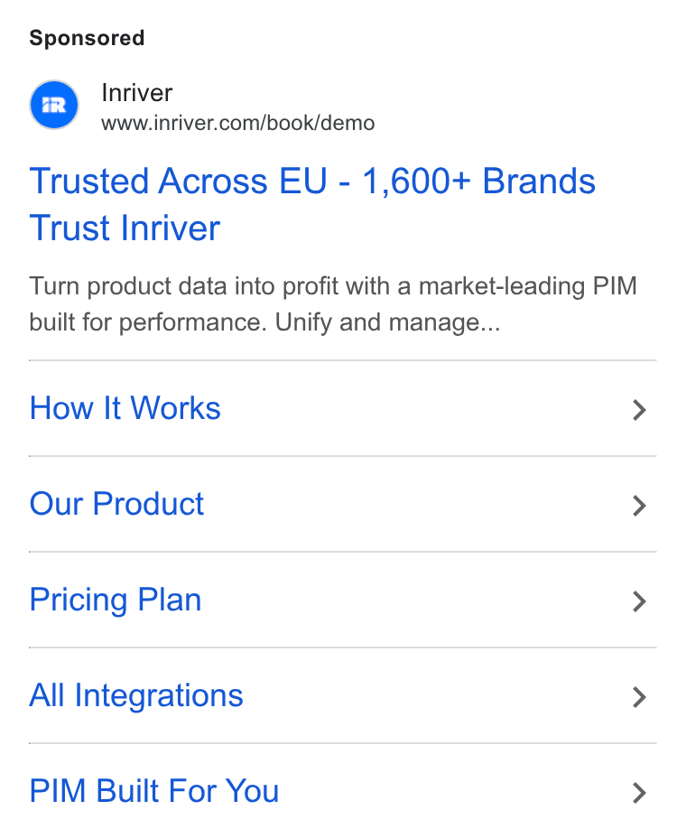 Inriver ad on Google Ads: Trusted Across EU - 1,600+ Brands Trust Inriver Turn product data into profit with a market-leading PIM built for performance. Unify and manage... How It Works > Our Product > Pricing Plan > All Integrations > PIM Built For You >