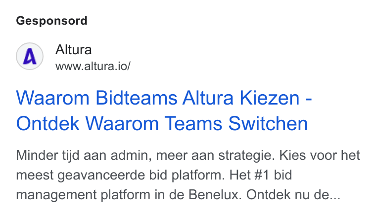 Altura ad on Google Ads: Gesponsord Altura www.altura.io/ Waarom Bidteams Altura Kiezen - Ontdek Waarom Teams Switchen Minder tijd aan admin, meer aan strategie. Kies voor het meest geavanceerde bid platform. Het #1 bid management platform in de Benelux. Ontdek nu de...