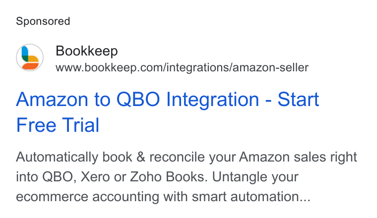Bookkeep ad on Google Ads: Amazon to QBO Integration - Start Free Trial Automatically book & reconcile your Amazon sales right into QBO, Xero or Zoho Books. Untangle your ecommerce accounting with smart automation...