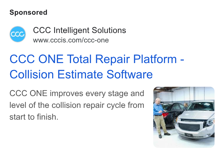 CCC Intelligent Solutions ad on Google Ads: CCC ONE Total Repair Platform - Collision Estimate Software CCC ONE improves every stage and level of the collision repair cycle from start to finish.