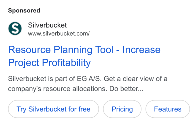 Silverbucket ad on Google Ads: Resource Planning Tool - Increase Project Profitability Silverbucket is part of EG A/S. Get a clear view of a company's resource allocations. Do better... Try Silverbucket for free