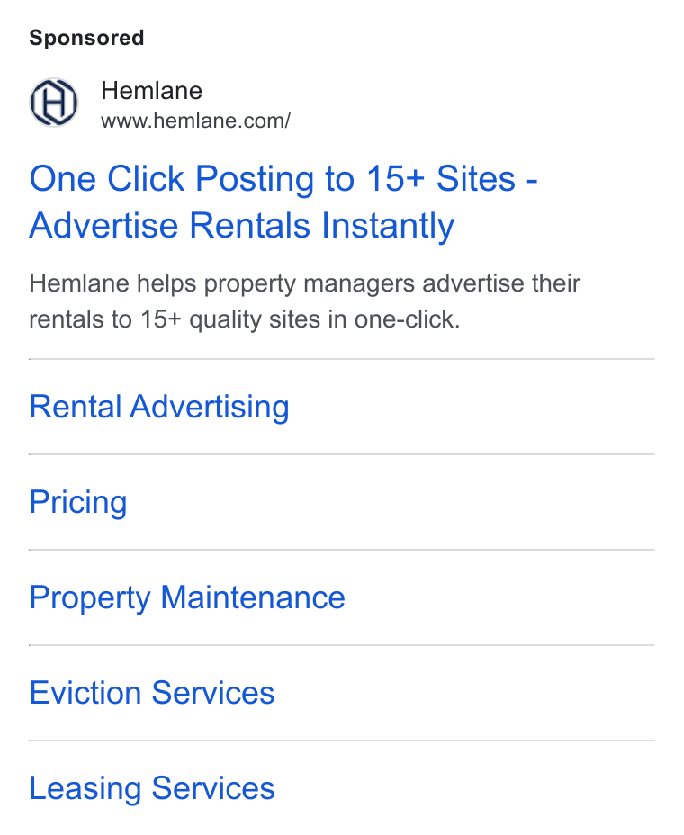 Hemlane ad on Google Ads: One Click Posting to 15+ Sites - Advertise Rentals Instantly Hemlane helps property managers advertise their rentals to 15+ quality sites in one-click. Rental Advertising Pricing Property Maintenance Eviction Services Leasing Services