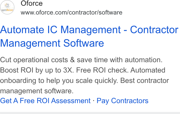 Openforce ad on Google Ads: Automate IC Management - Contractor Management Software Cut operational costs & save time with automation. Boost ROI by up to 3X. Free ROI check. Automated onboarding to help you scale quickly. Best contractor management software. Get A Free ROI Assessment - Pay Contractors