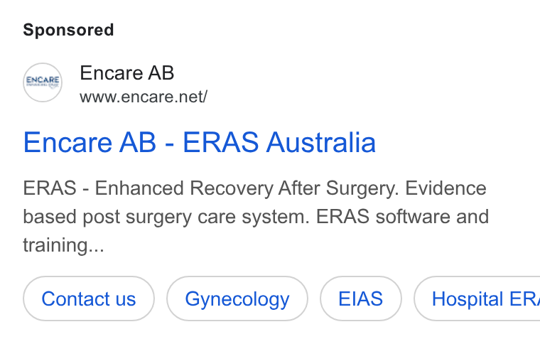 Encare ad on Google Ads: Encare AB - ERAS Australia ERAS - Enhanced Recovery After Surgery. Evidence based post surgery care system. ERAS software and training... Gynecology EIAS } ( Hospital ER,