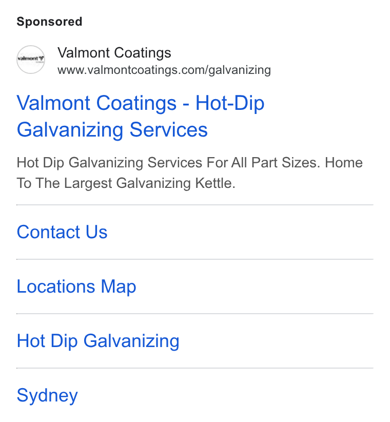 Valmont Industries ad on Google Ads: Valmont Coatings - Hot-Dip Galvanizing Services Hot Dip Galvanizing Services For All Part Sizes. Home To The Largest Galvanizing Kettle. Contact Us Locations Map Hot Dip Galvanizing Sydney