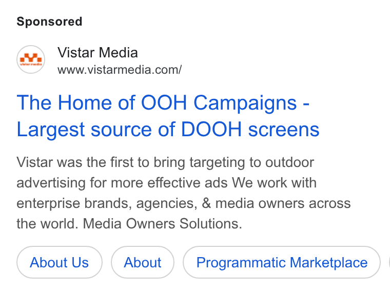 Vistar Media ad on Google Ads: The Home of OOH Campaigns - Largest source of DOOH screens Vistar was the first to bring targeting to outdoor advertising for more effective ads We work with enterprise brands, agencies, & media owners across the world. Media Owners Solutions. About Us Programmatic Marketplace } |