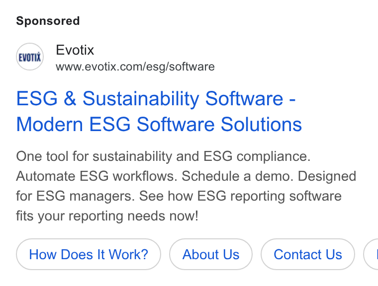 Evotix ad on Google Ads: ESG & Sustainability Software - Modern ESG Software Solutions One tool for sustainability and ESG compliance. Automate ESG workflows. Schedule a demo. Designed for ESG managers. See how ESG reporting software fits your reporting needs now! How Does It Work? About Us Contact Us (