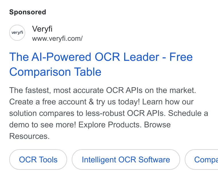 Veryfi ad on Google Ads: The Al-Powered OCR Leader - Free Comparison Table The fastest, most accurate OCR APIs on the market. Create a free account & try us today! Learn how our solution compares to less-robust OCR APIs. Schedule a demo to see more! Explore Products. Browse Resources. OCR Tools Intelligent OCR Software } ( Comps