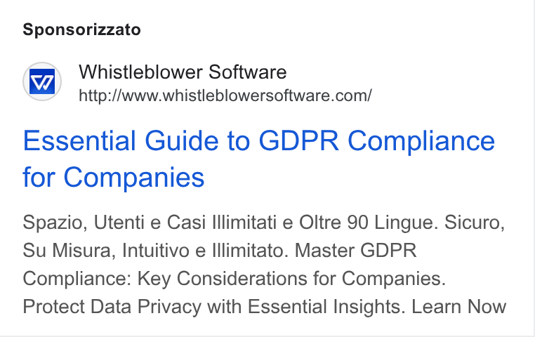 Formalize ad on Google Ads: Sponsorizzato Essential Guide to GDPR Compliance for Companies Spazio, Utenti e Casi Illimitati e Oltre 90 Lingue. Sicuro, Su Misura, Intuitivo e Illimitato. Master GDPR Compliance: Key Considerations for Companies. Protect Data Privacy with Essential Insights. Learn Now