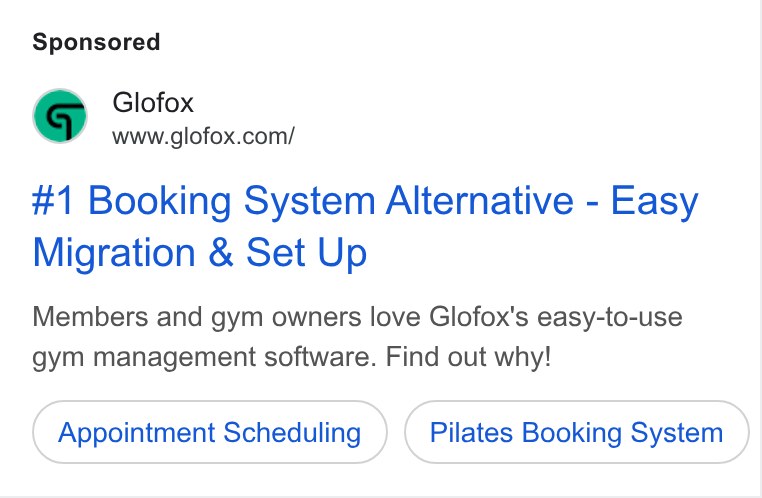 Glofox ad on Google Ads: #1 Booking System Alternative - Easy Migration & Set Up Members and gym owners love Glofox's easy-to-use gym management software. Find out why! Appointment Scheduling Pilates Booking System
