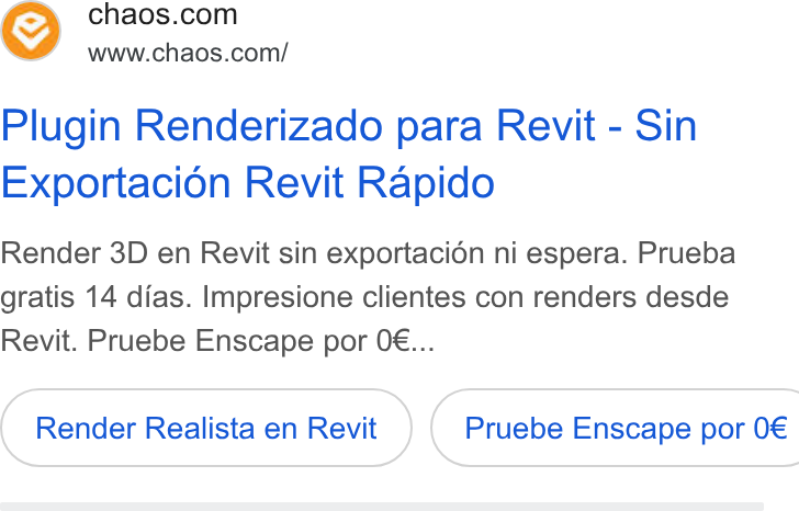 Chaos ad on Google Ads: www.chaos.com/ Plugin Renderizado para Revit - Sin Exportacién Revit Rapido Render 3D en Revit sin exportacion ni espera. Prueba gratis 14 dias. Impresione clientes con renders desde Revit. Pruebe Enscape por O€... Render Realista en Revit }) ( Pruebe Enscape por 0€