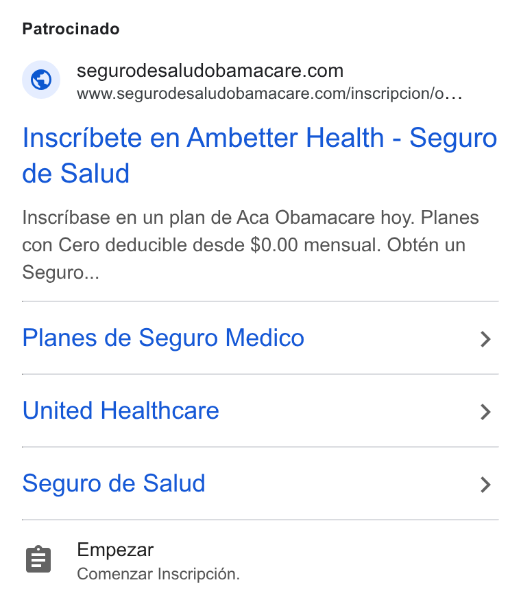 HealthSherpa ad on Google Ads: www.segurodesaludobamacare.com/inscripcion/o... Inscribete en Ambetter Health - Seguro de Salud Inscribase en un plan de Aca Obamacare hoy. Planes con Cero deducible desde $0.00 mensual. Obtén un Seguro... Planes de Seguro Medico > United Healthcare > Seguro de Salud > Ey Empezar Comenzar Inscripcién.