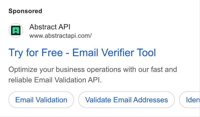 Abstract ad on Google Ads: Try for Free - Email Verifier Tool Optimize your business operations with our fast and reliable Email Validation API. Email Validation Validate Email Addresses Iden