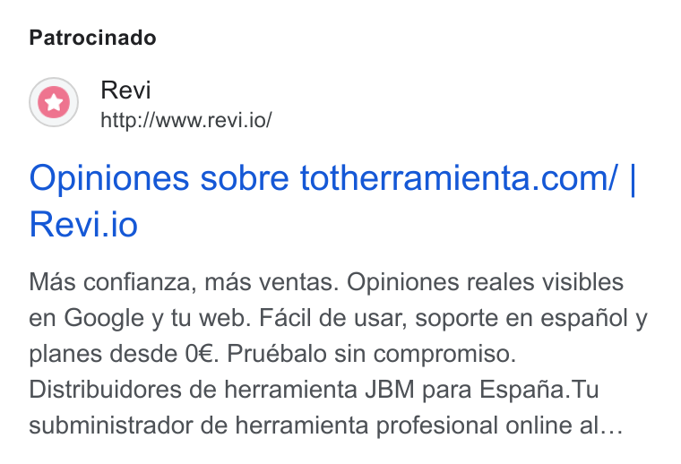 Revi ad on Google Ads: Patrocinado Revi Revi.io Mas confianza, mas ventas. Opiniones reales visibles en Google y tu web. Facil de usar, soporte en espafiol y planes desde 0€. Pruébalo sin compromiso. Distribuidores de herramienta JBM para Espana. Tu subministrador de herramienta profesional online al...