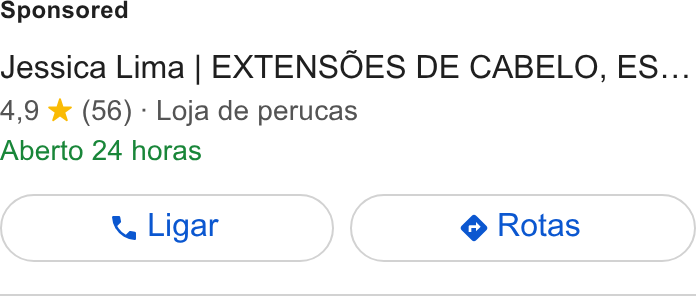 Linktree ad on Google Ads: Jessica Lima | EXTENSOES DE CABELO, ES... 4,9 * (56) - Loja de perucas Aberto 24 horas