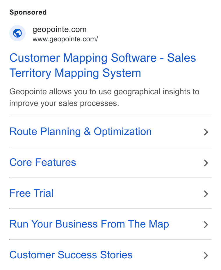 Geopointe ad on Google Ads: Www.geopointe.com/ Customer Mapping Software - Sales Territory Mapping System Geopointe allows you to use geographical insights to improve your sales processes. Route Planning & Optimization Core Features Free Trial Run Your Business From The Map Customer Success Stories