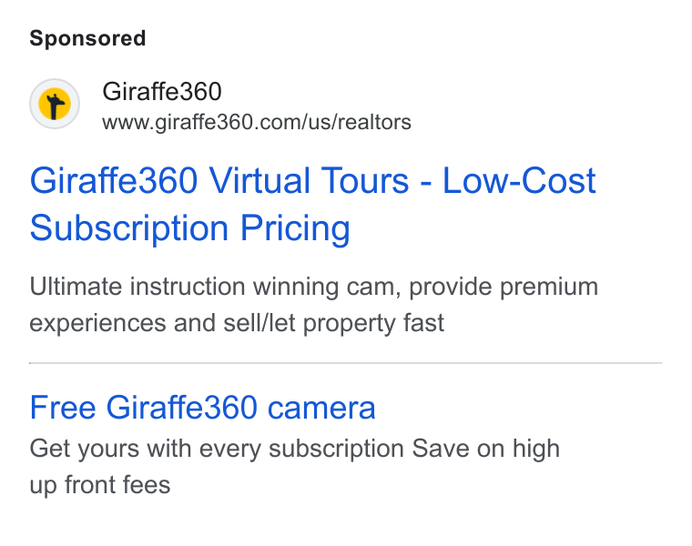 Giraffe360 ad on Google Ads: Giraffe360 Virtual Tours - Low-Cost Subscription Pricing Ultimate instruction winning cam, provide premium experiences and sell/let property fast Free Giraffe360 camera Get yours with every subscription Save on high up front fees