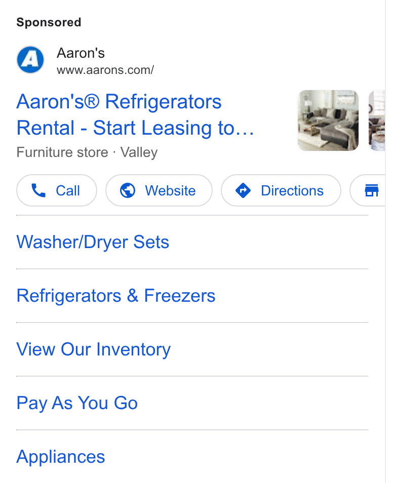 Aaron's ad on Google Ads: Aaron's® Refrigerators | ~ ine, f: Rental - Start Leasing to... al Furniture store - Valley Washer/Dryer Sets Refrigerators & Freezers View Our Inventory Pay As You Go Appliances