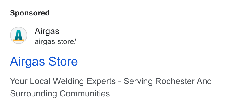 Airgas ad on Google Ads: (A Airgas airgas store/ Airgas Store Your Local Welding Experts - Serving Rochester And Surrounding Communities.