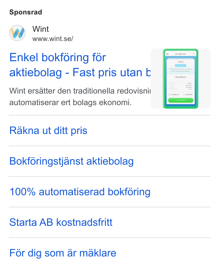 Wint ad on Google Ads: Sponsrad Enkel bokféring for aktiebolag - Fast pris utan F Wint ersatter den traditionella redovisnit automatiserar ert bolags ekonomi. Rakna ut ditt pris Bokforingstjanst aktiebolag 100% automatiserad bokfoéring Starta AB kostnadsfritt For dig som ar maklare