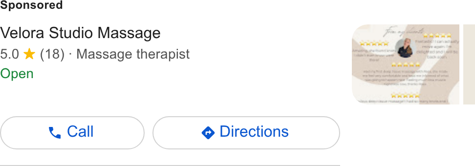 Fresha ad on Google Ads: Velora Studio Massage 5.0 % (18) - Massage therapist Open