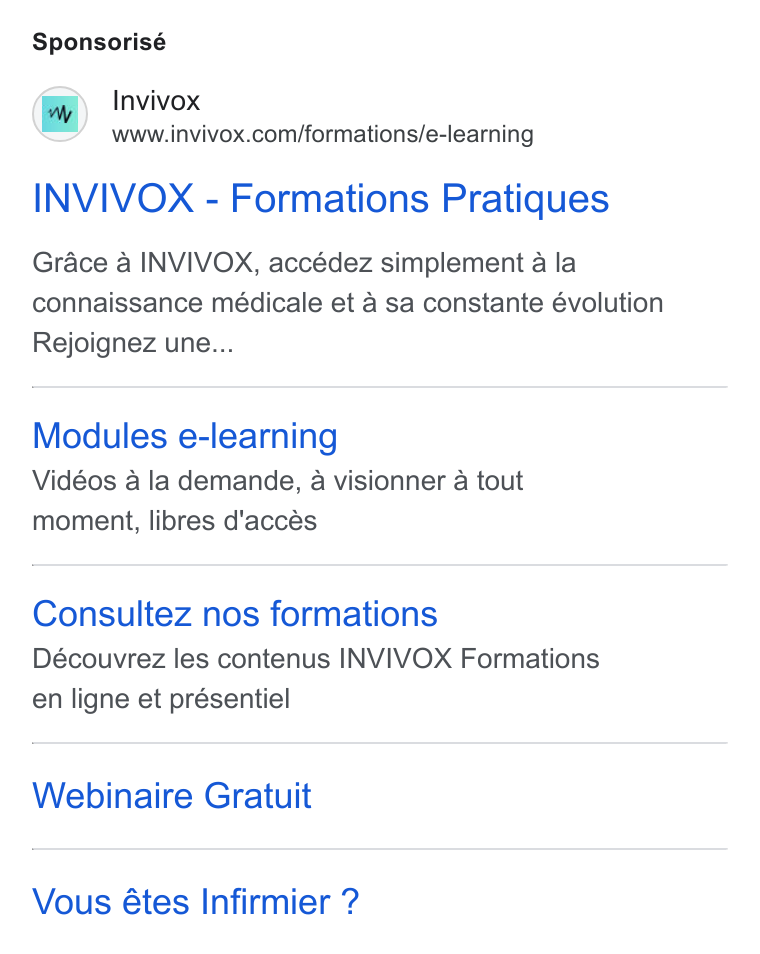 INVIVOX ad on Google Ads: Sponsorisé INVIVOX - Formations Pratiques Grace a INVIVOX, accédez simplement a la connaissance médicale et a sa constante évolution Rejoignez une... Modules e-learning Vidéos a la demande, a visionner a tout moment, libres d'accés Consultez nos formations Découvrez les contenus INVIVOX Formations en ligne et présentiel Webinaire Gratuit Vous étes Infirmier ?