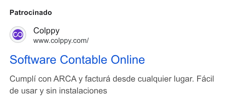 Colppy ad on Google Ads: Patrocinado Software Contable Online Cumpli con ARCA y factura desde cualquier lugar. Facil de usar y sin instalaciones