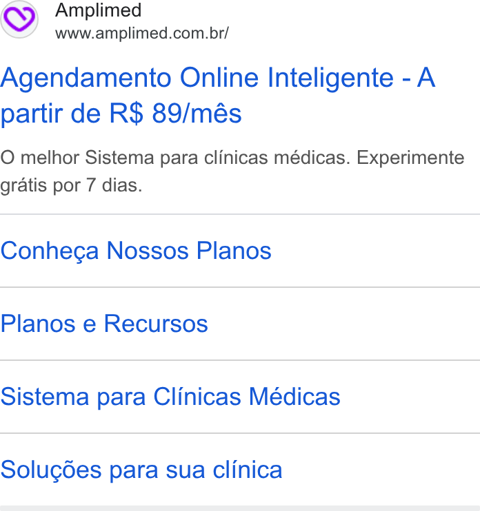 Amplimed ad on Google Ads: Agendamento Online Inteligente -A partir de R$ 89/més O melhor Sistema para clinicas médicas. Experimente gratis por 7 dias. Conhega Nossos Planos Planos e Recursos Sistema para Clinicas Médicas Solugdes para sua clinica