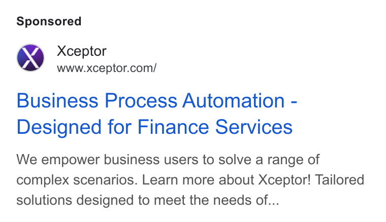 Xceptor ad on Google Ads: Business Process Automation - Designed for Finance Services We empower business users to solve a range of complex scenarios. Learn more about Xceptor! Tailored solutions designed to meet the needs of...